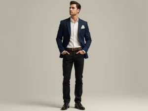 Black jeans + crisp white shirt + navy blazer + leather oxfords