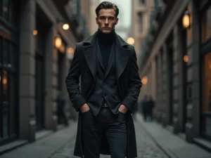 Dark turtleneck + black jeans + Chelsea boots + wool overcoat