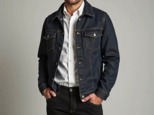 Denim jacket (dark wash) over dress shirt + black jeans