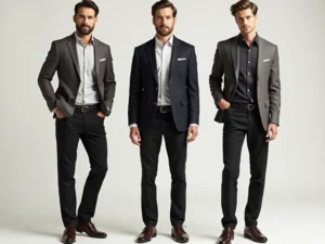 Patterned button-down + black jeans + structured blazer + loafers